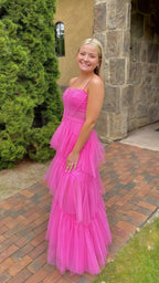 Pink Spaghetti Straps Tulle Long Prom Dress Evening Dress Ruffles Full Length Dress