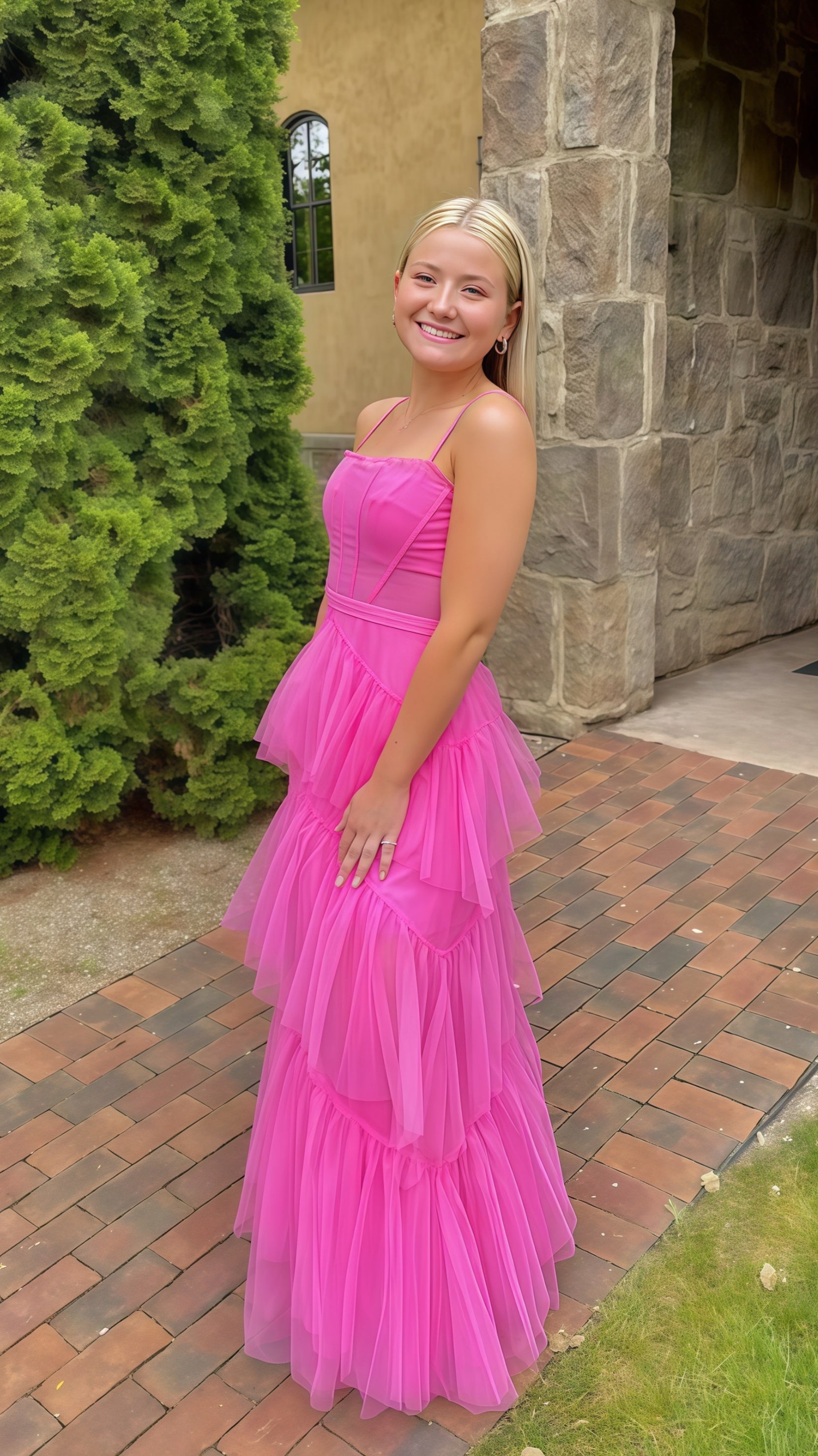Pink Spaghetti Straps Tulle Long Prom Dress Evening Dress Ruffles Full Length Dress