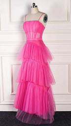 Pink Spaghetti Straps Tulle Long Prom Dress Evening Dress Ruffles Full Length Dress