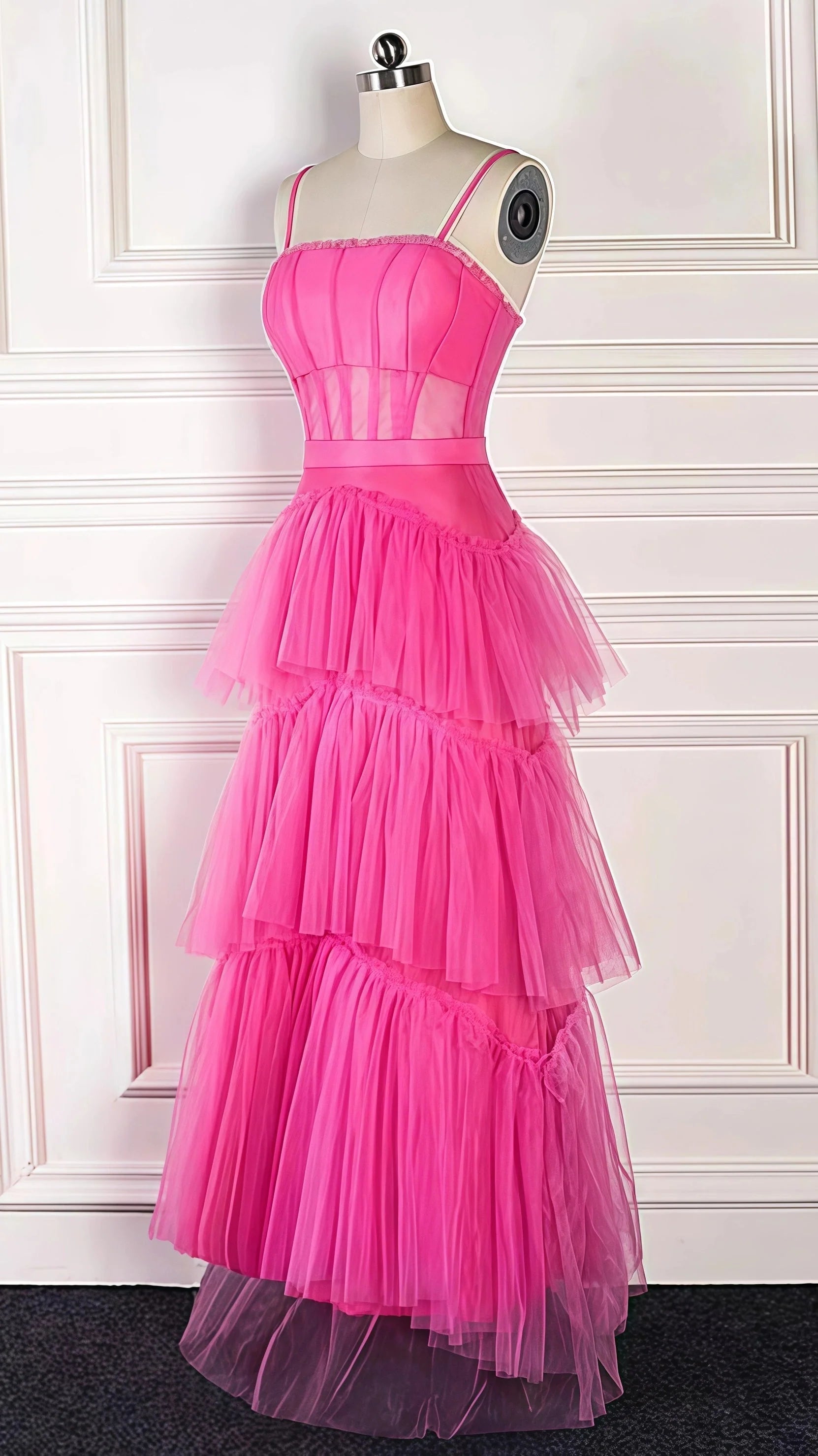 Pink Spaghetti Straps Tulle Long Prom Dress Evening Dress Ruffles Full Length Dress