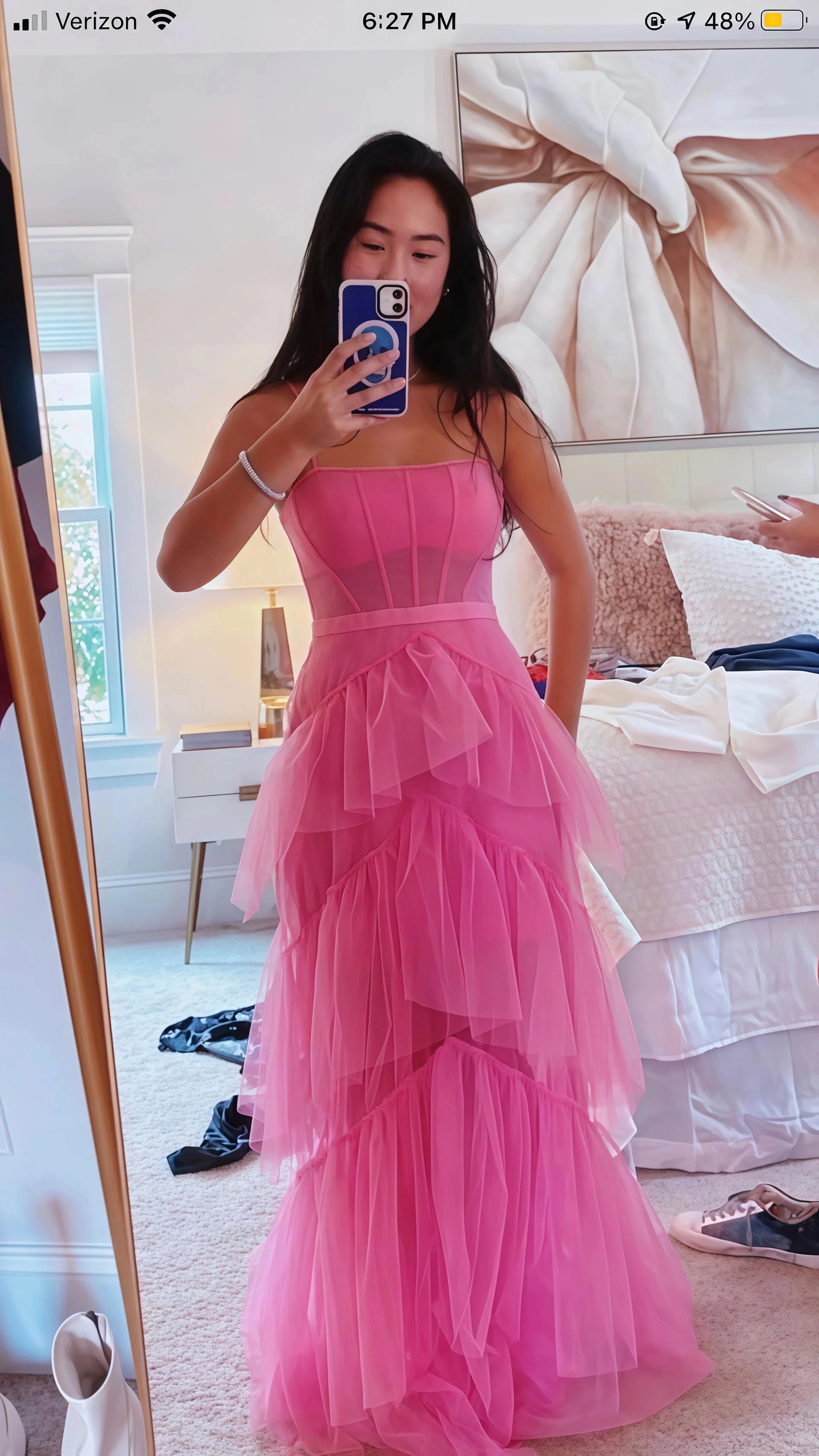 Pink Spaghetti Straps Tulle Long Prom Dress Evening Dress Ruffles Full Length Dress Main image