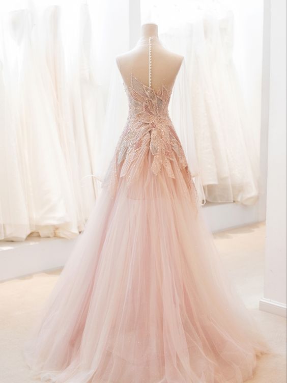 Pink StraplessTulle Ball Gown Beaded Shiny Prom Dress Pink Sweet 16 Dress