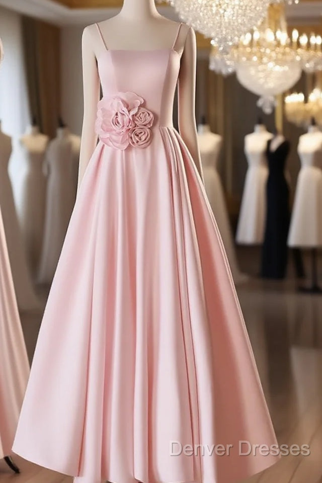 Pink Straps Sweetheart Long Satin Wedding Party Dress, Pink Formal Dress Prom Dress Main image