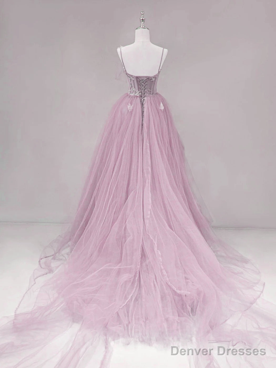 Pink Straps Tulle Chic Long Party Dress Formal Dress, Pink A-line Prom Dress