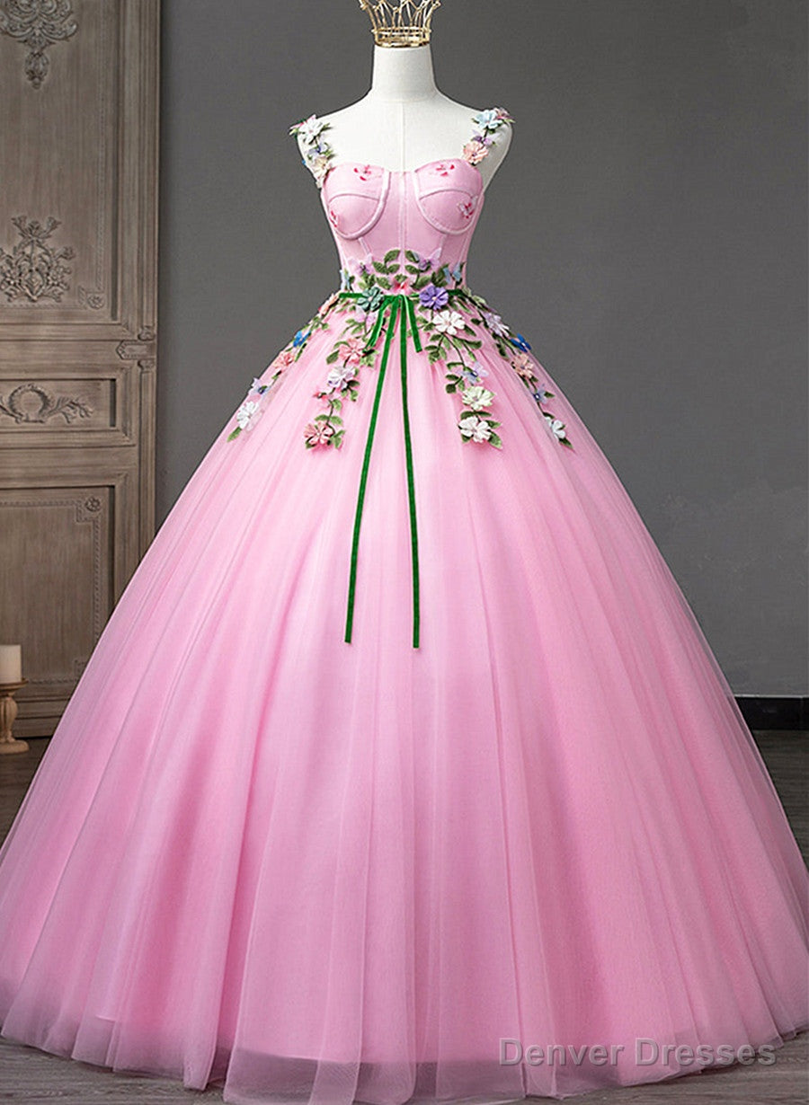 Pink Straps Tulle Sweetheart Ball Gown with Flowers, Pink Formal Dress Prom Dress Secondary image
