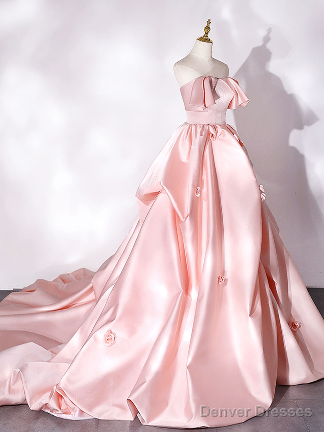 Pink Sweep Train Satin Long Prom Dress, Pink Formal Evening Dresses Main image