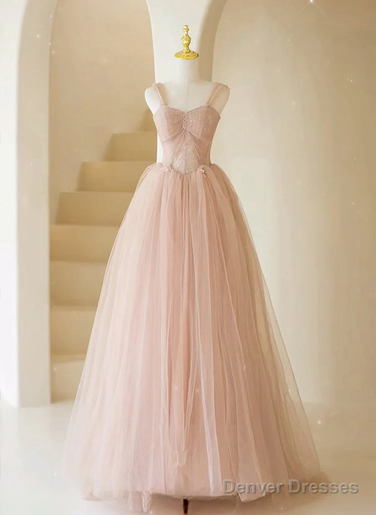 Pink Sweetheart Beaded Long Tulle Prom Dress, Pink Tulle Evening Dress Party Dress Secondary image