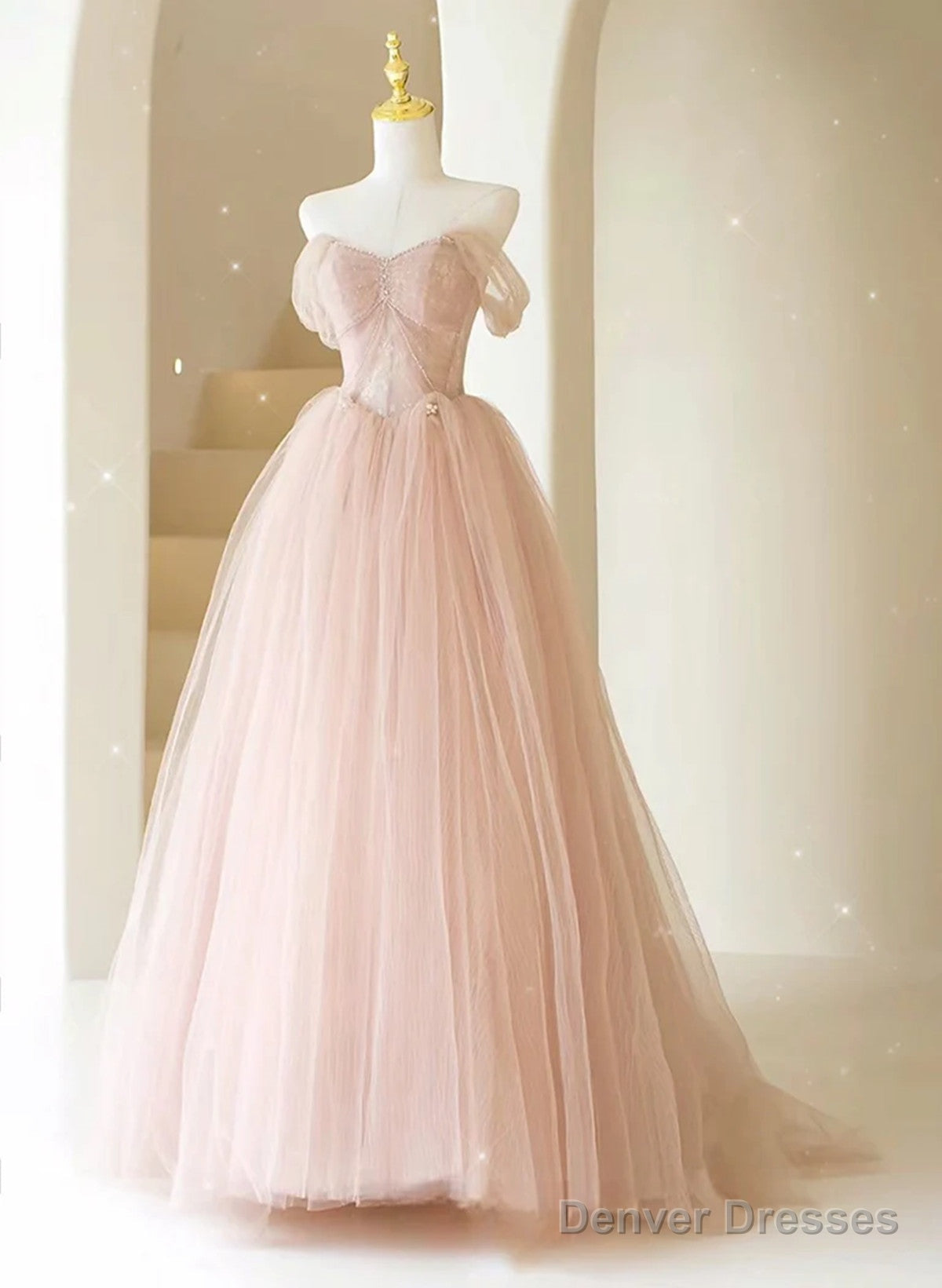 Pink Sweetheart Beaded Long Tulle Prom Dress, Pink Tulle Evening Dress Party Dress Main image