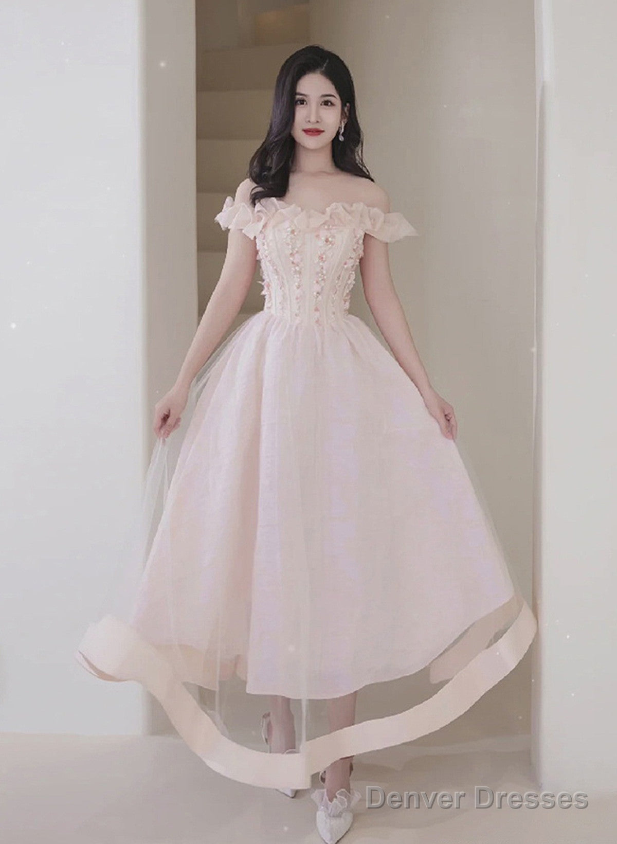 Pink Sweetheart Beaded Tea Length Tulle Homecoming Dress, Pink Tulle Short Prom Dress Main image