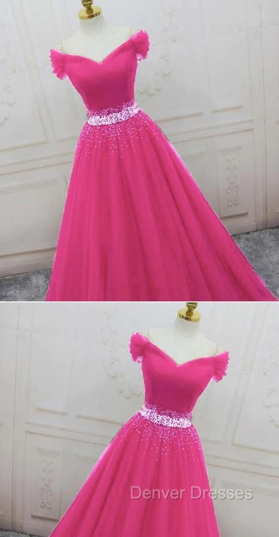 Pink Sweetheart Beaded Tulle Off Shoulder Long Prom Dress, Pink Formal Dress