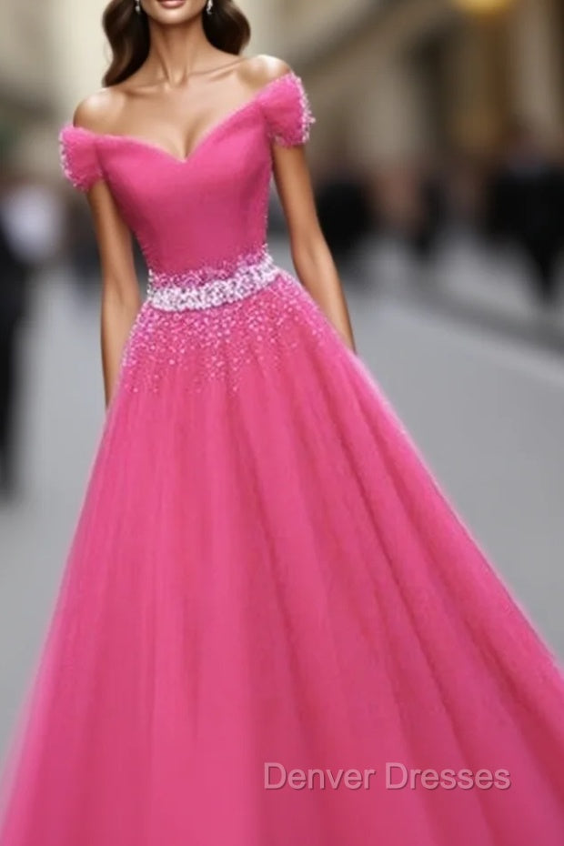Pink Sweetheart Beaded Tulle Off Shoulder Long Prom Dress, Pink Formal Dress