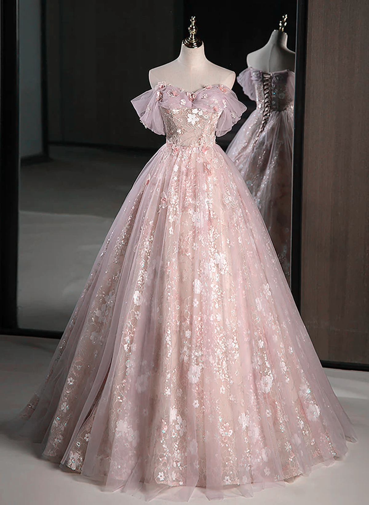 Pink Sweetheart Floral Lace And Tulle Prom Dress, Pink Sweetheart Long Party Dress Main image