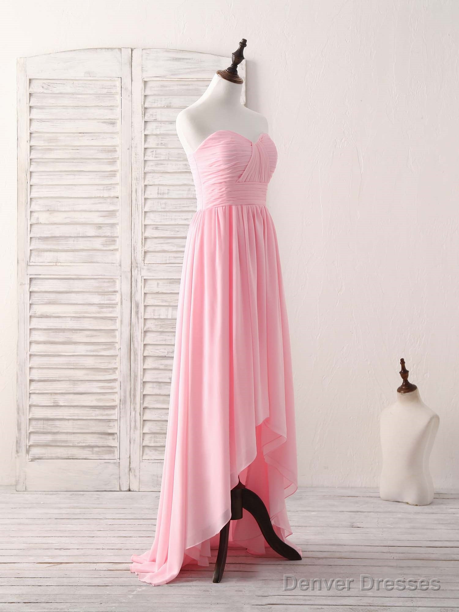 Pink Sweetheart Neck Chiffon High Low Prom Dress, Bridesmaid Dress Secondary image