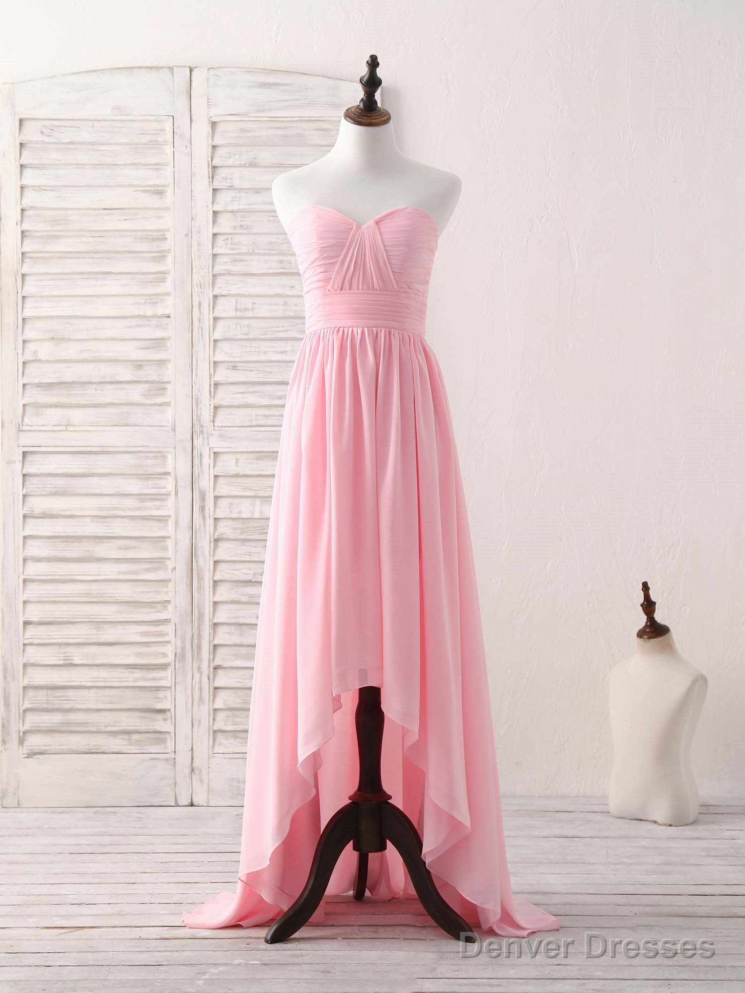 Pink Sweetheart Neck Chiffon High Low Prom Dress, Bridesmaid Dress Main image