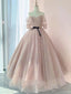 Pink Sweetheart-Neck Tulle Lace Half-Sleeve Prom Dresses, Pink Party Dress