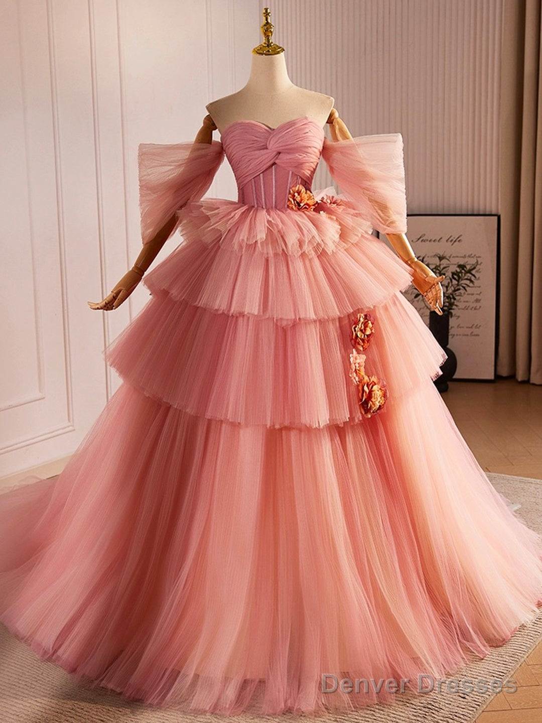Pink Sweetheart Neck Tulle Long Ball Gown, Beautiful A-Line Evening Party Gown Main image