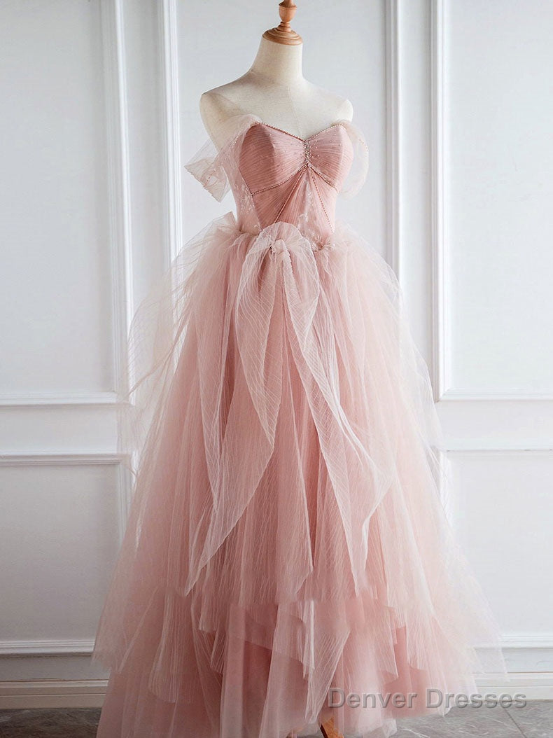 Pink Sweetheart Neck Tulle Long Prom Dress, Pink Tulle Formal Dress Main image