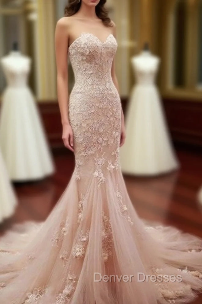 Pink Sweetheart Neck Tulle Mermaid Long Prom Dress, Wedding Dress Main image
