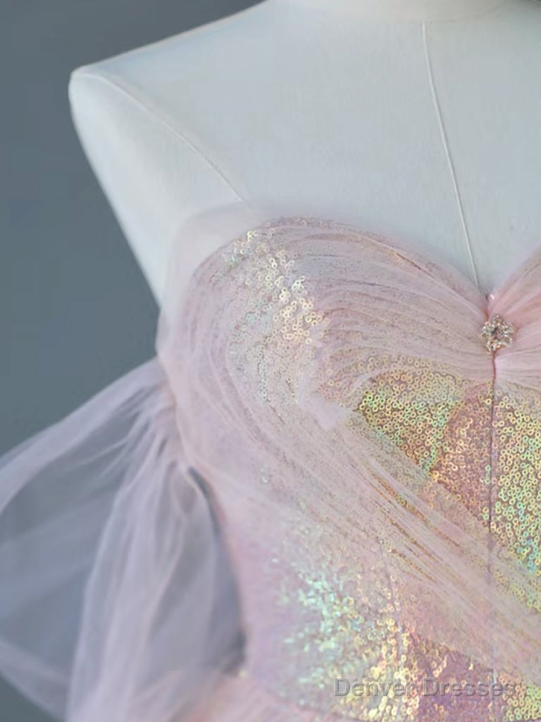 Pink Sweetheart Neck Tulle Sequin Long Prom Dress, Pink Long Graduation Dress Secondary image