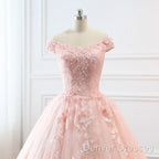 Pink Sweetheart Off Shoulder With Lace Long Sweet 16 Dress, Pink Formal Dress