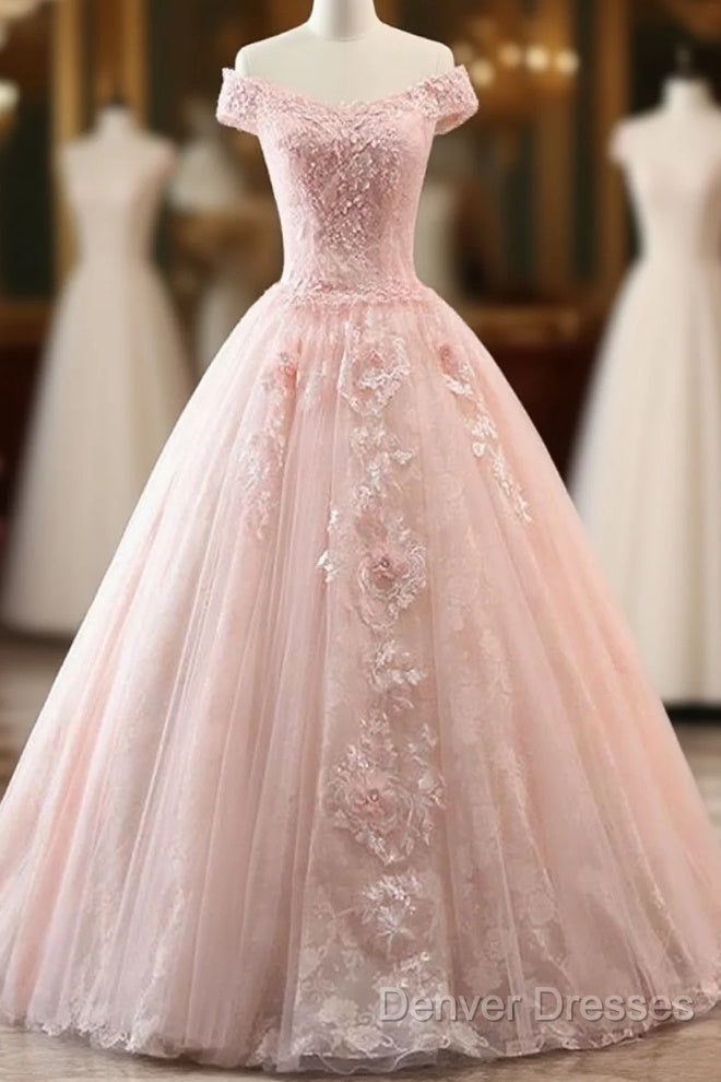 Pink Sweetheart Off Shoulder With Lace Long Sweet 16 Dress, Pink Formal Dress Main image