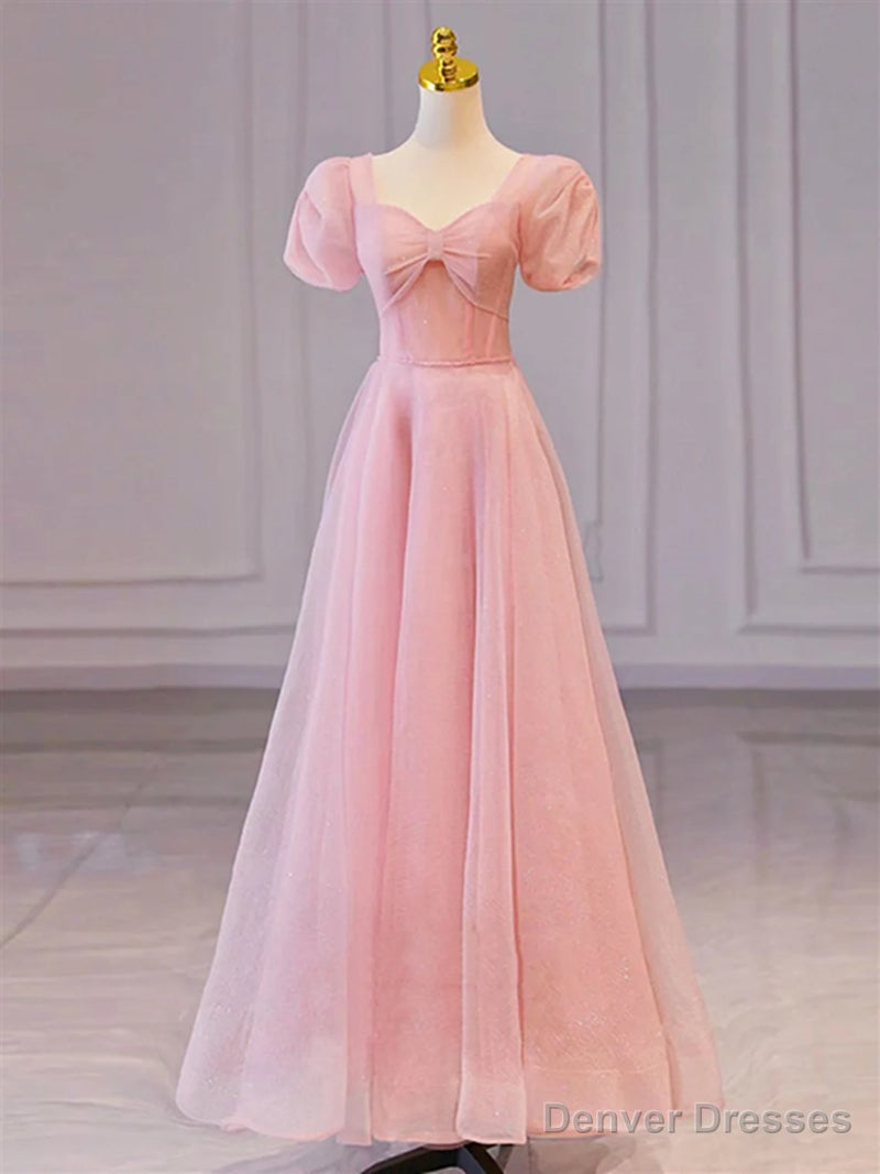 Pink Sweetheart Short Sleeves Long A-line Prom Dress, Pink Evening Gowns