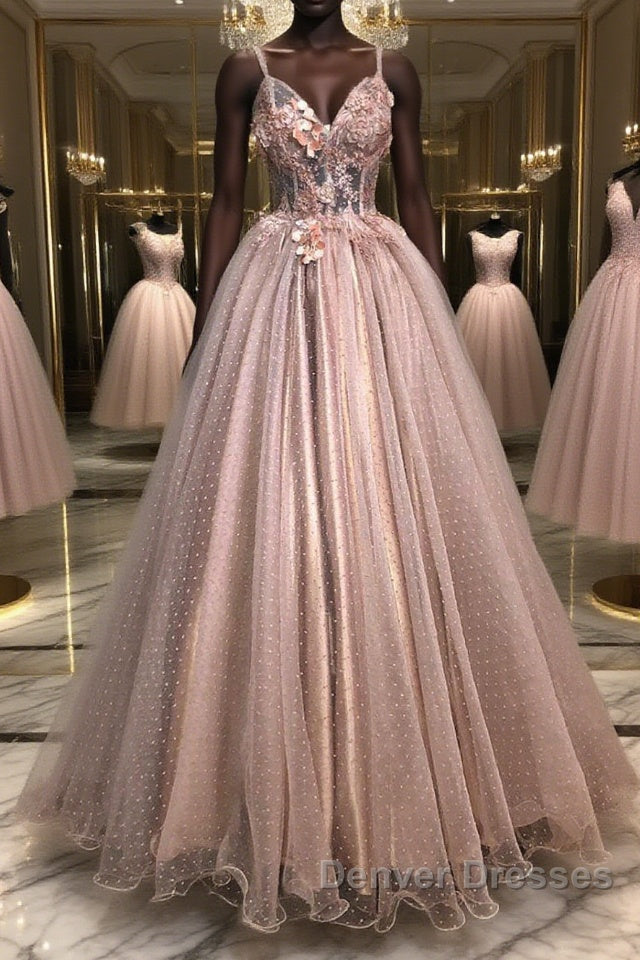 Pink sweetheart tulle lace long prom Dress pink tulle formal Dress
