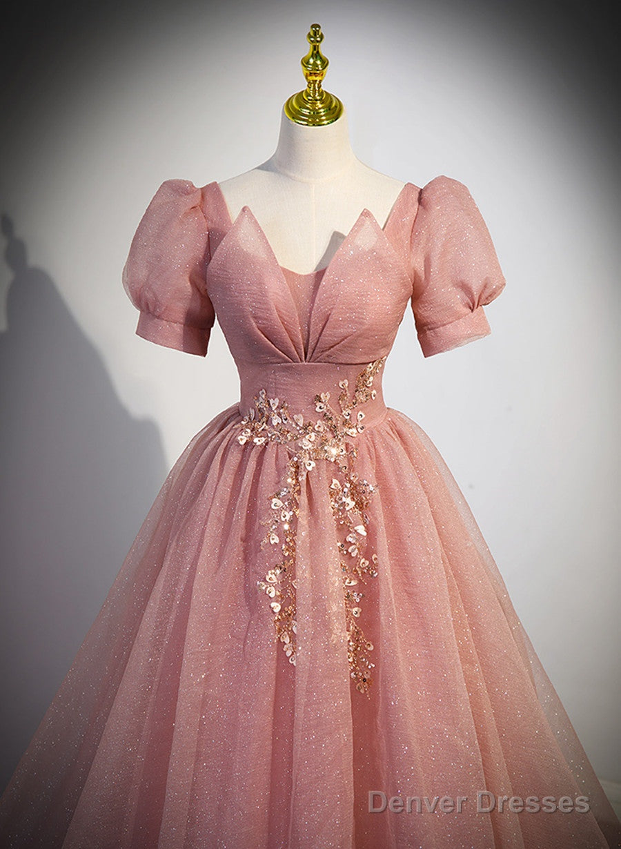 Pink Sweetheart Tulle Short Sleeves Party Dress, Pink Floor Length Formal Dress Secondary image