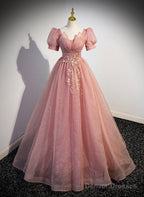 Pink Sweetheart Tulle Short Sleeves Party Dress, Pink Floor Length Formal Dress