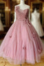 Pink Sweetheart Tulle Tea Length Prom Dress Bridesmaid Dress