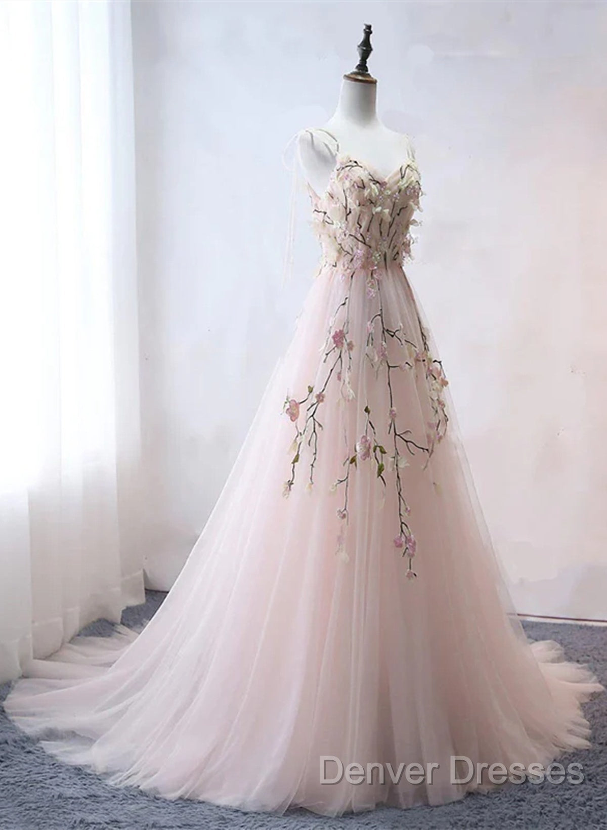 Pink Sweetheart Tulle With Lace Flowers Long Evening Dress, Pink Tulle Prom Dress Secondary image
