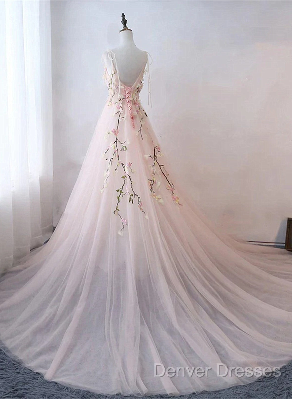 Pink Sweetheart Tulle With Lace Flowers Long Evening Dress, Pink Tulle Prom Dress