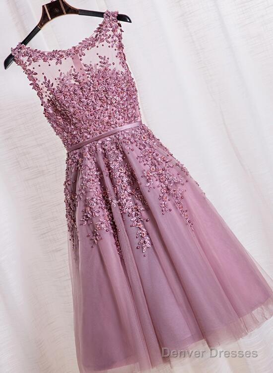 Pink Tea Length School Homecoming Dresses, Applique Pearls  Short Prom Dresses, Pink Party Dresses Main image