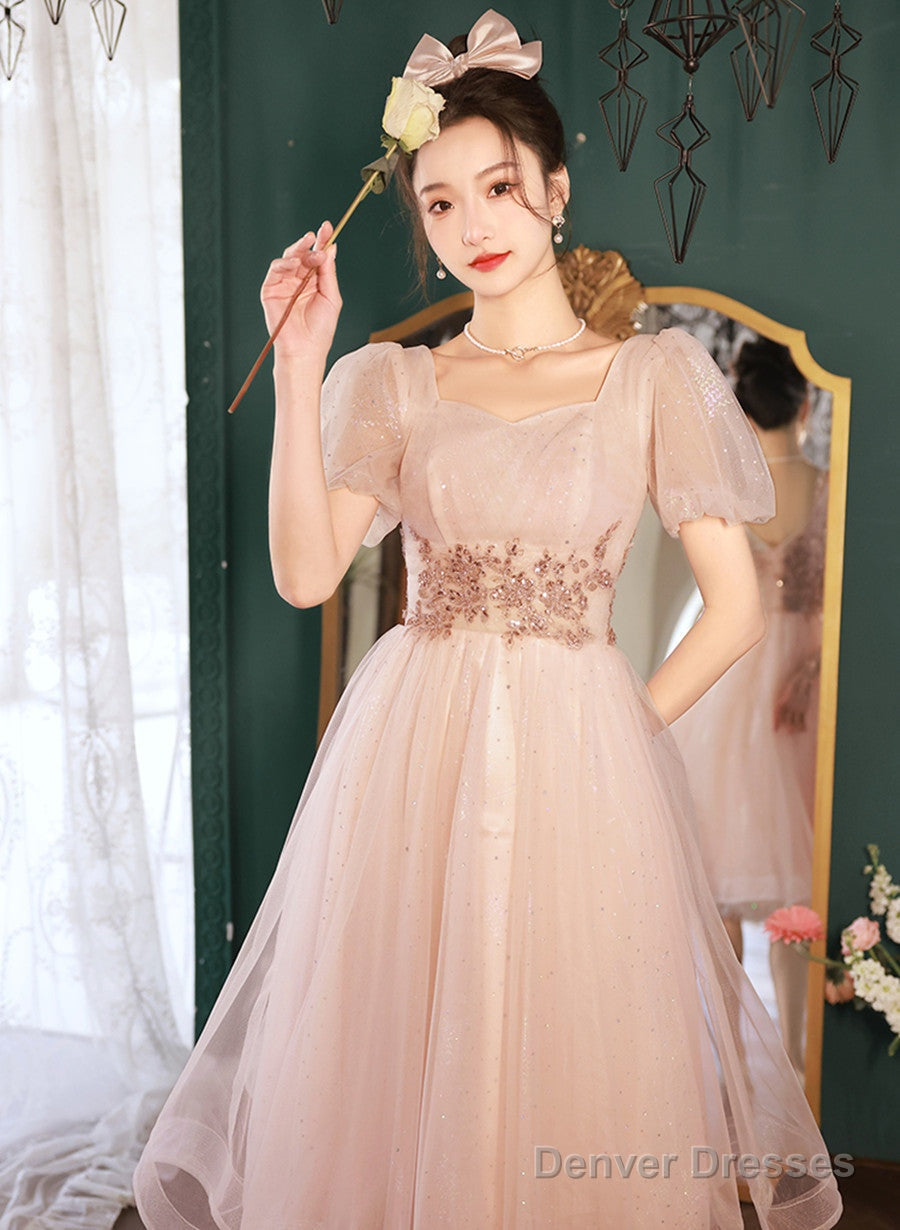 Pink Tea Length Tulle Short Sleeves Party Dress, Pink Tulle Homecoming Dress Formal Dress Secondary image