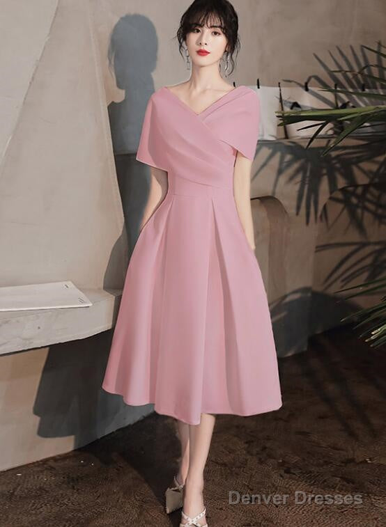 Pink Tea Length Wedding Party Dresses, Pink Bridesmaid Dresses Main image