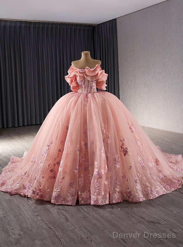 Pink Tulle 3D Flower Off the Shoulder Prom Dress Main image