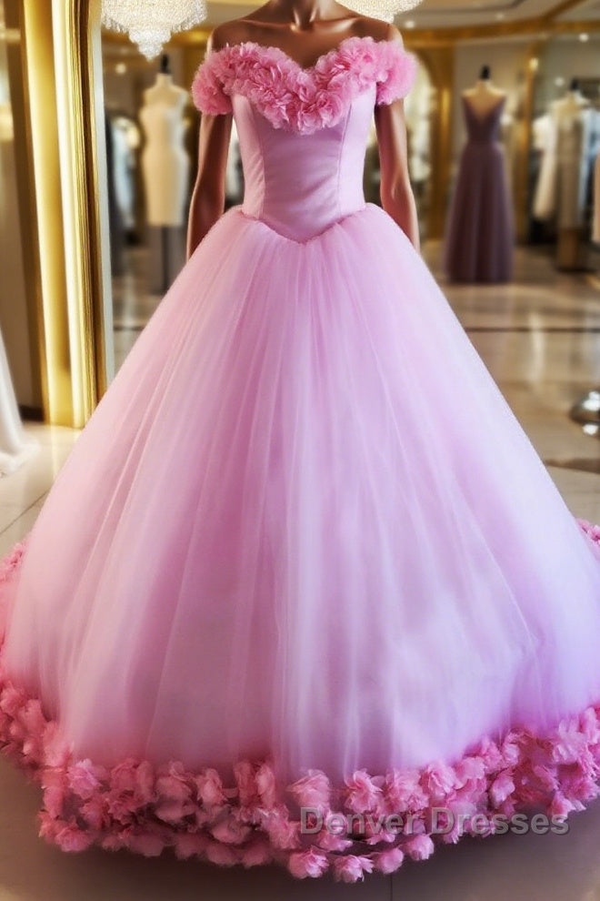 Pink tulle 3d flower tulle long prom gown, pink tulle evening Dress Main image