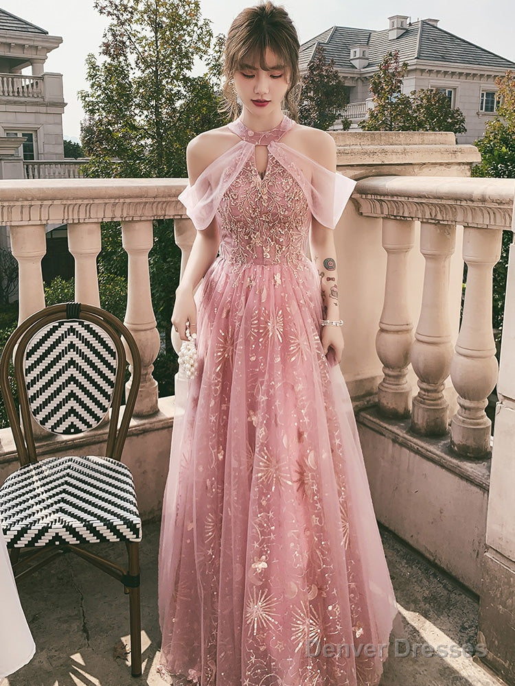 Pink Tulle A-Line Long Formal Dresses, Pink High Neckline Party Dresses Prom Dresses