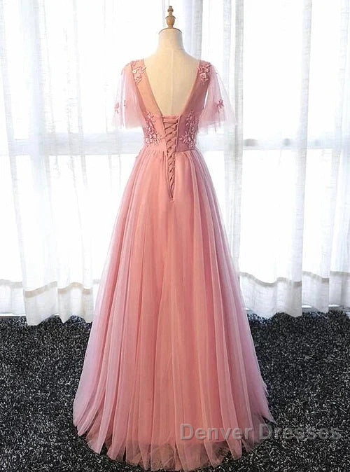 Pink Tulle A-Line Long Party Dress Bridesmaid Dress A Line Short Sleeves Floor Length Prom Dress Secondary image