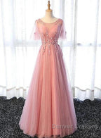 Pink Tulle A-Line Long Party Dress Bridesmaid Dress A Line Short Sleeves Floor Length Prom Dress