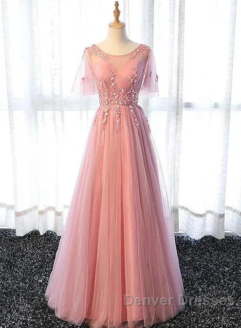 Pink Tulle A-Line Long Party Dress Bridesmaid Dress A Line Short Sleeves Floor Length Prom Dress