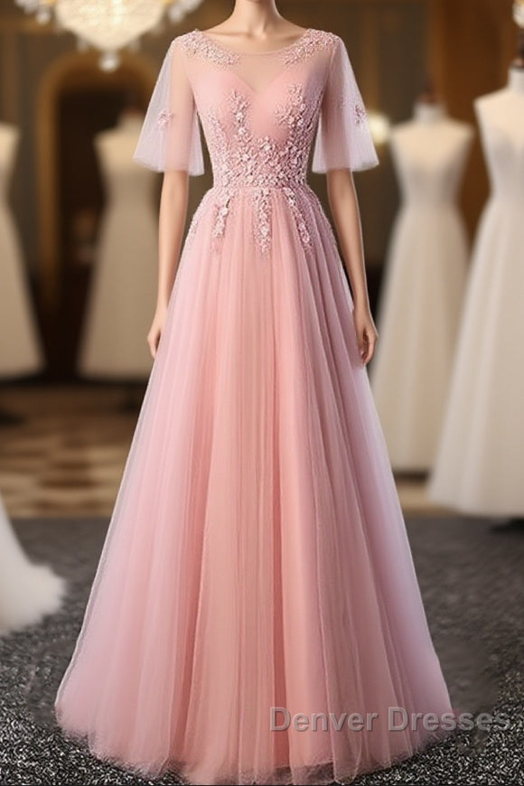Pink Tulle A-Line Long Party Dress Bridesmaid Dress A Line Short Sleeves Floor Length Prom Dress Main image