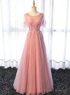 Pink Tulle A-line Long Party Dress, Pink Bridesmaid Dress