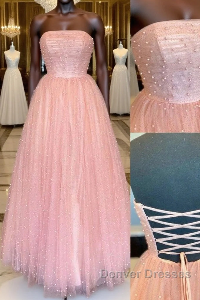 Pink tulle A-line long prom Dress tulle formal Dress