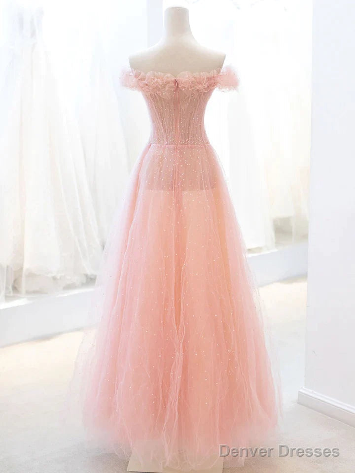 Pink Tulle A-line Long Prom Dress with Sequins, Off Shoulder Evening Dresses Main image