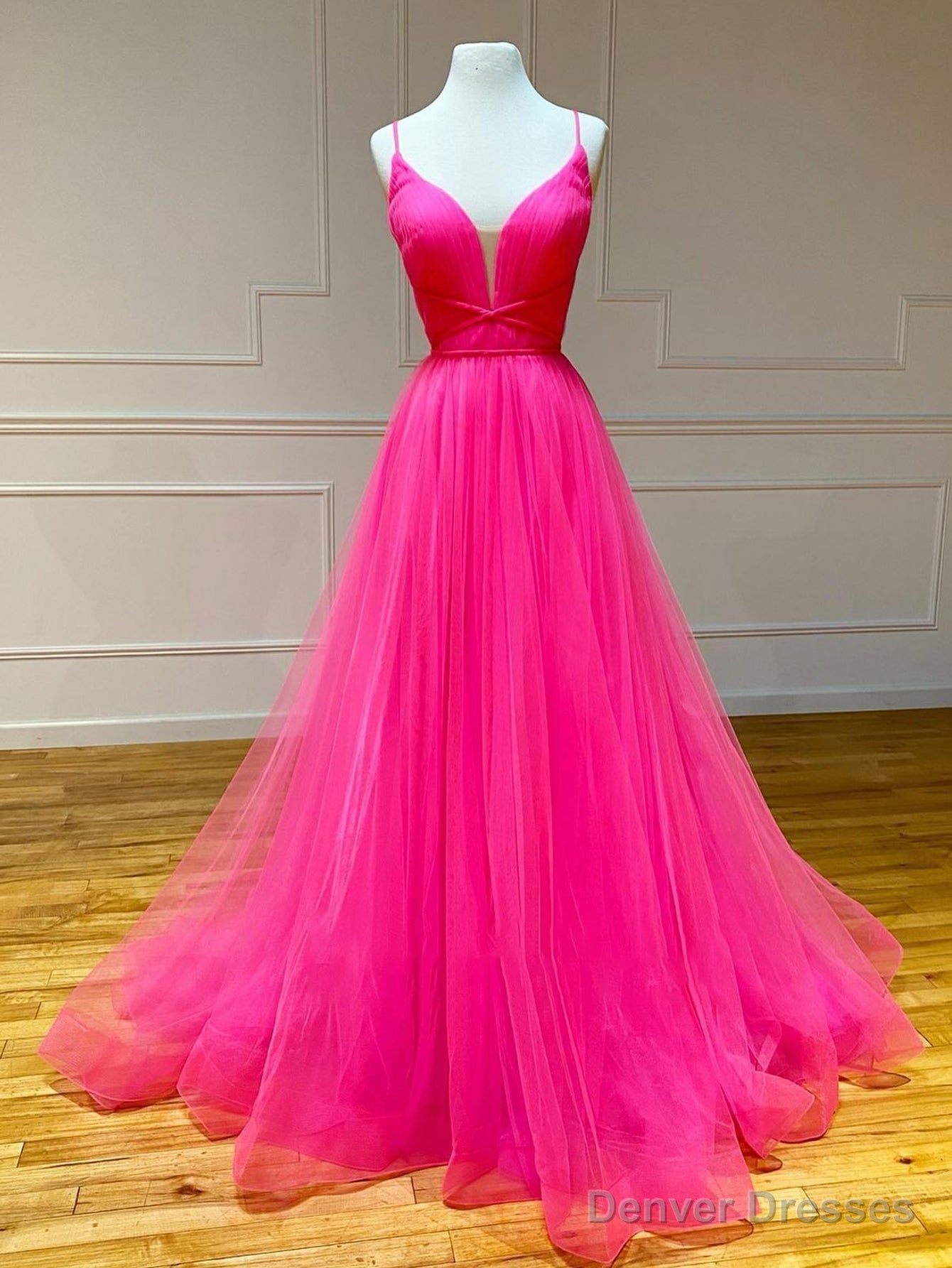 Pink Tulle A Line Ruffles Long Prom Dress Main image