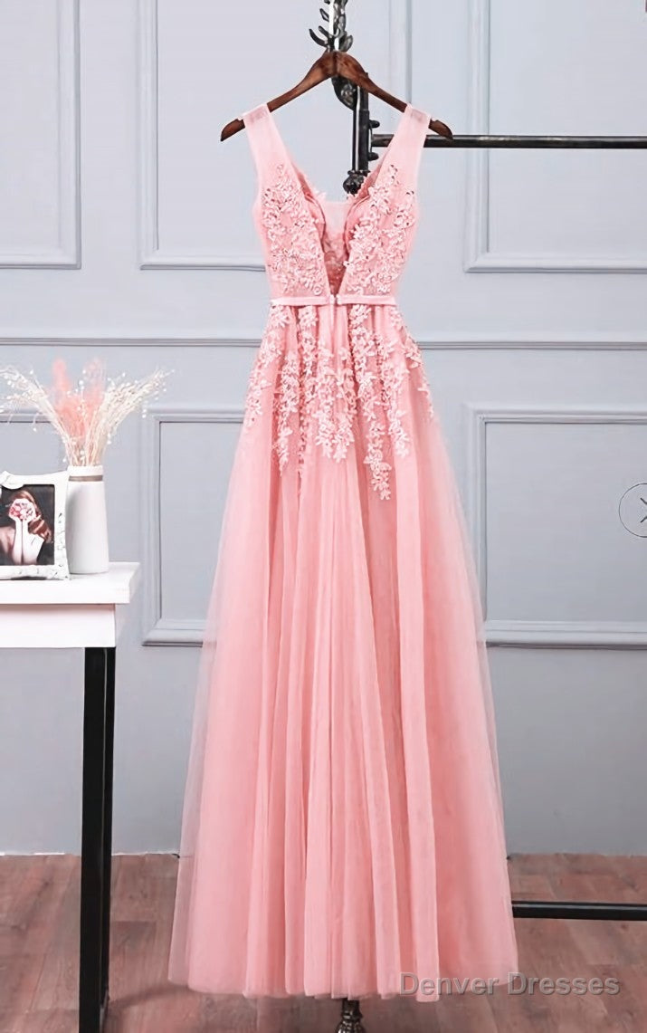 Pink Tulle A-line Simple Long Party Dress, A-line Prom Dresses Evening Dress Secondary image