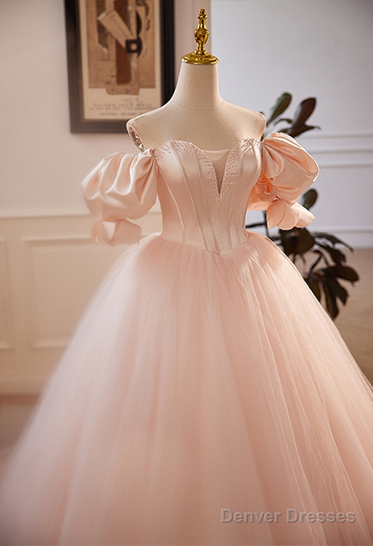 Pink Tulle And Satin Beaded Sweetheart Long Formal Dress, Pink Sweet 16 Dress Secondary image