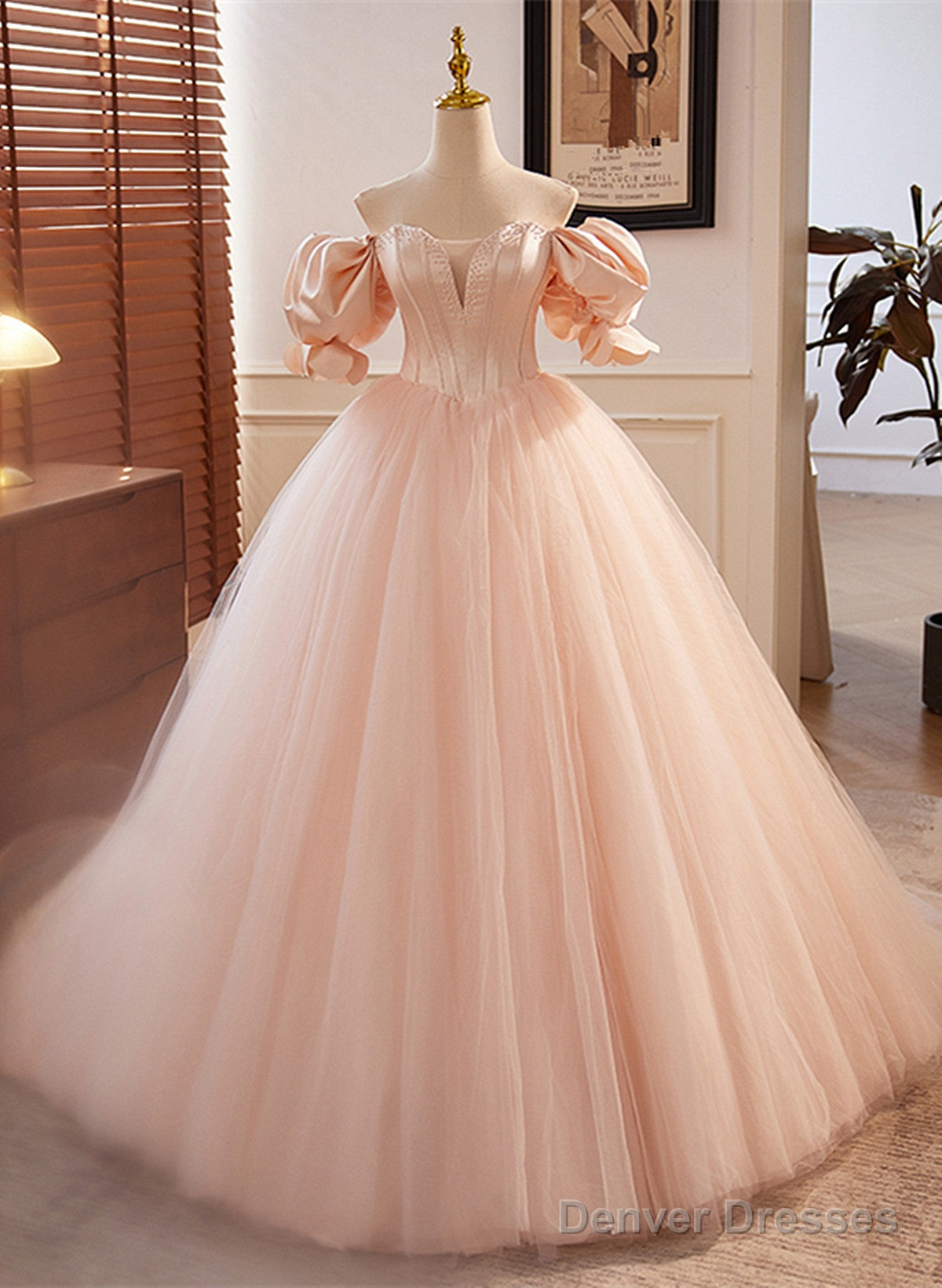 Pink Tulle And Satin Beaded Sweetheart Long Formal Dress, Pink Sweet 16 Dress Main image