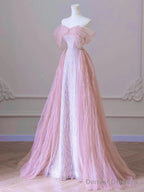 Pink Tulle And Sequins Off Shoulder Long Party Dress, Pink Beaded Chich Prom Dress
